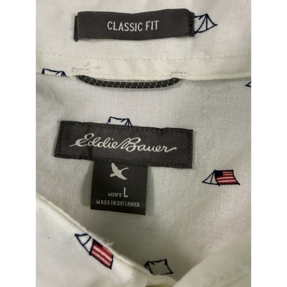 Eddie Bauer Men's L Button Down Shirt Tents with USA Flags Design Classic Fit
